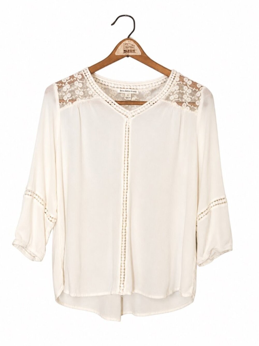 Johnpaulrichard Womens White Lace Accented Blouse 3/4 Sleeve Relaxed Fit Size L